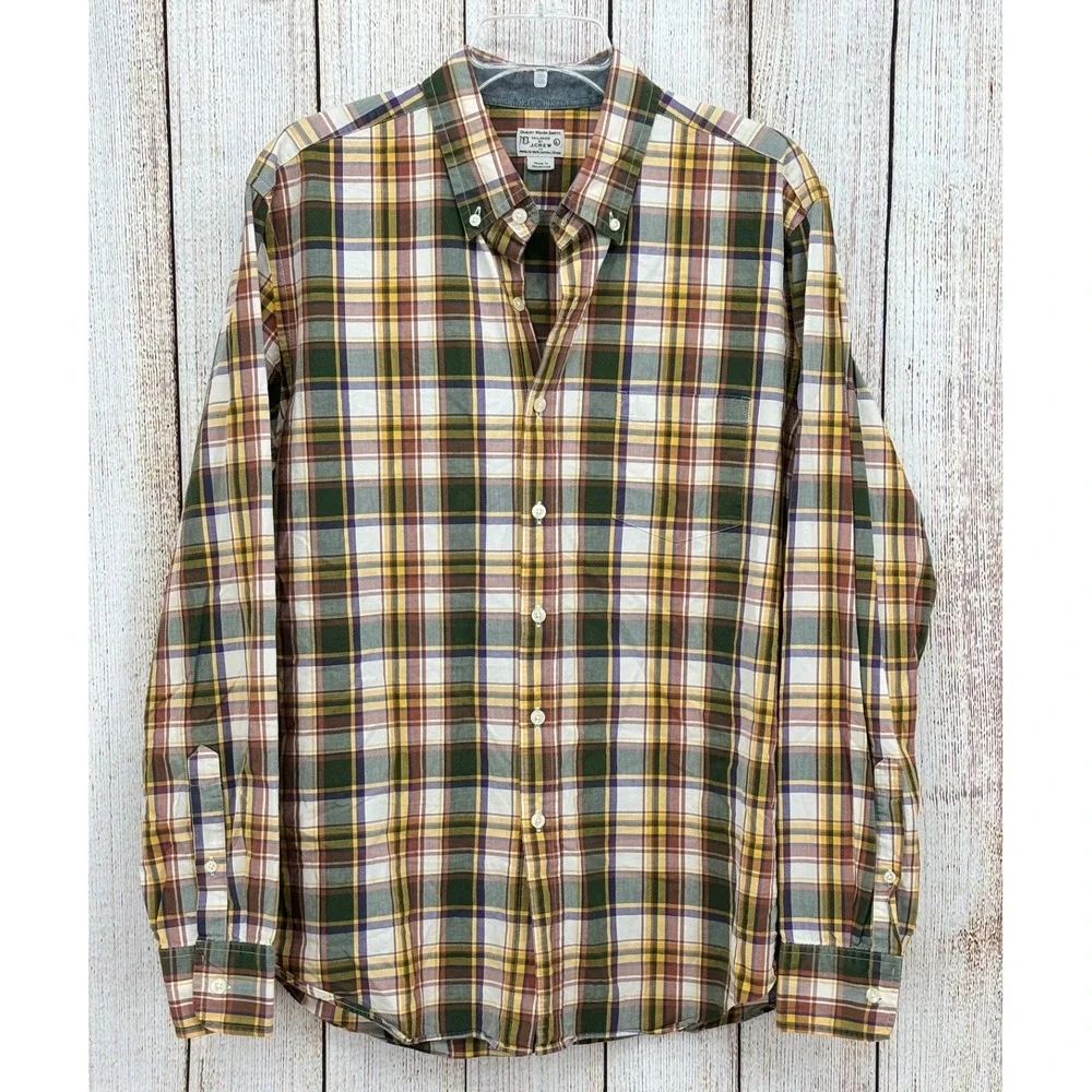 J Crew Tailored Fit Plaid Shirt Large Green Yellow‎ Button-Down Cotton Casual